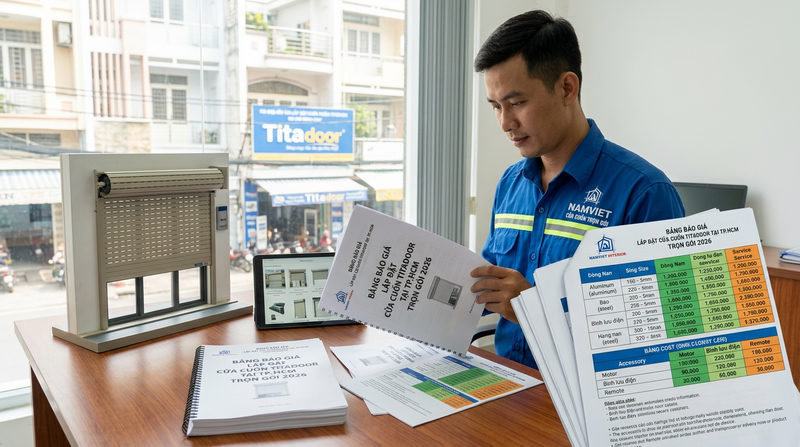 Bảng b&aacute;o gi&aacute; lắp &dstrok;ặt cửa cuốn Titadoor tại TP.HCM trọn g&oacute;i 2026