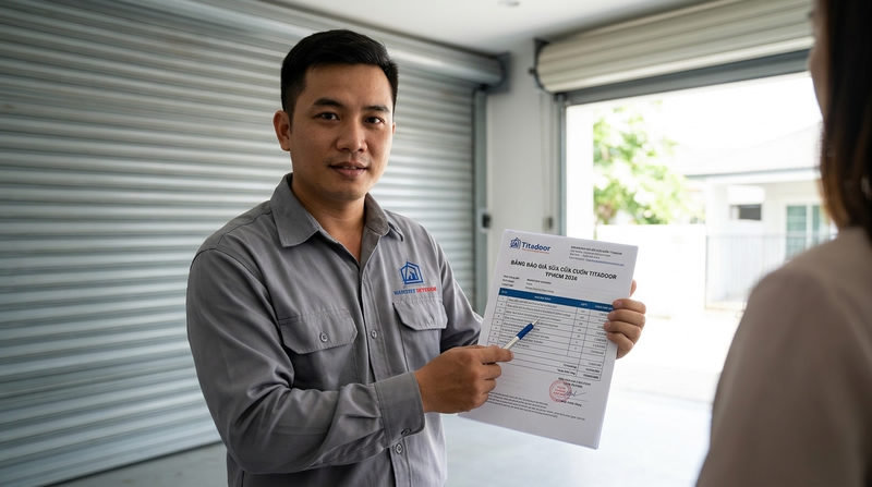 Bảng b&aacute;o gi&aacute; sửa cửa cuốn TPHCM 2026 (Lỗi kẹt nan, trật ray Titadoor)
