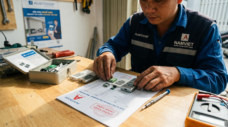 Bảng b&aacute;o gi&aacute; sửa remote cửa cuốn 2026 & thay linh kiện Austdoor