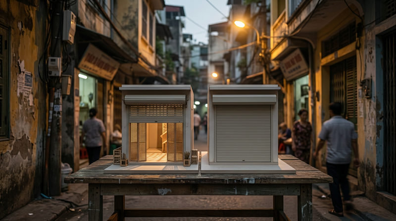 Giải &dstrok;&aacute;p: Nh&agrave; mặt tiền nhỏ n&ecirc;n d&ugrave;ng cửa cuốn khe tho&aacute;ng hay tấm liền?