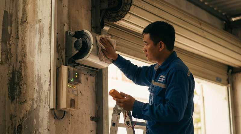 Kiểm tra hệ thống &dstrok;iện: Bảo tr&igrave; motor cửa cuốn, hộp &dstrok;iều khiển v&agrave; bộ lưu &dstrok;iện