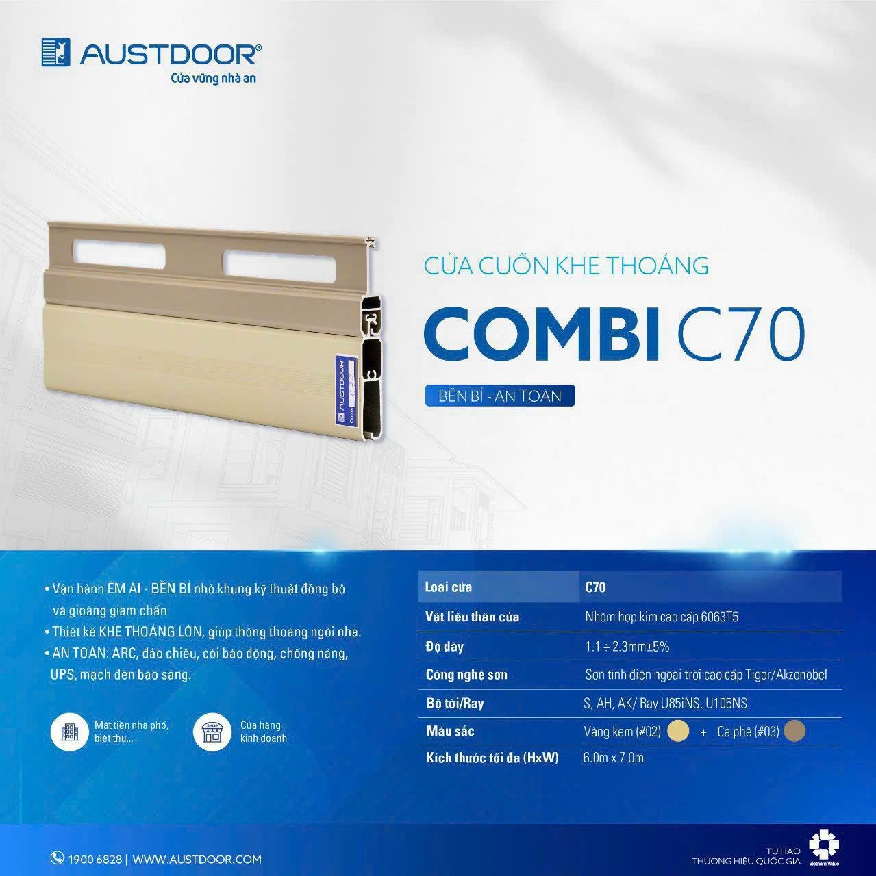 Cửa cuốn khe thoáng Austdoor COMBI C70 |Độ dày 2.3mm|