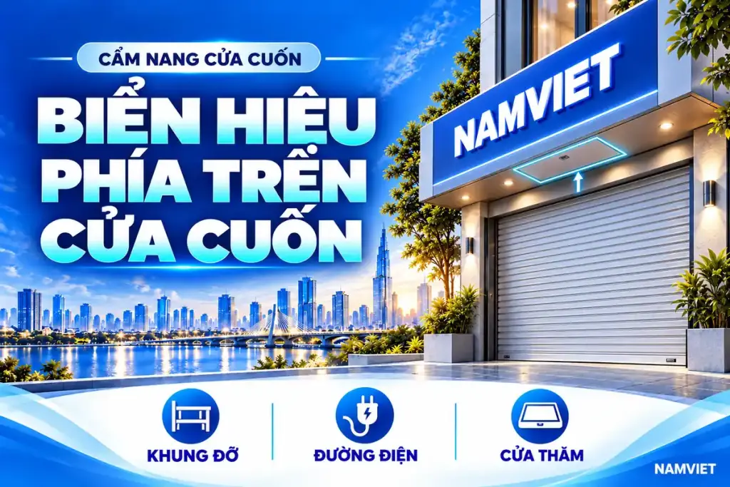 Minh họa biển hiệu phía trên cửa cuốn Austdoor và cửa thăm bảo trì