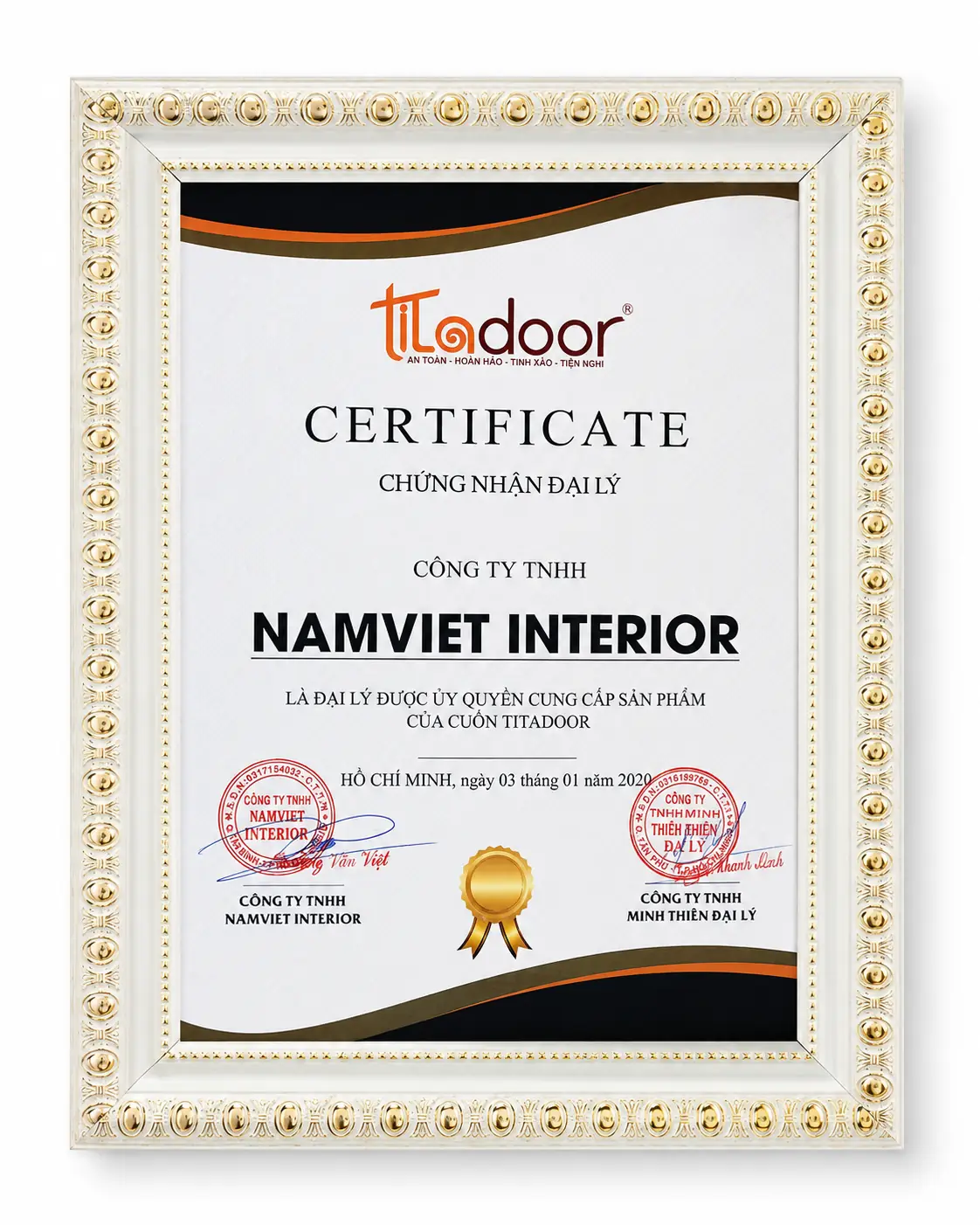 Giấy chứng nhận đại lý giúp nhận biết cửa cuốn Titadoor chính hãng tại Namviet
