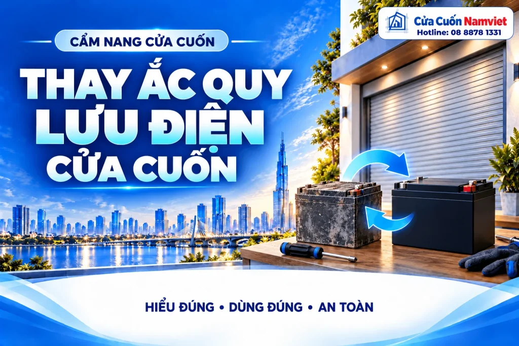 Minh họa thay ắc quy lưu điện cửa cuốn – Cửa Cuốn Namviet